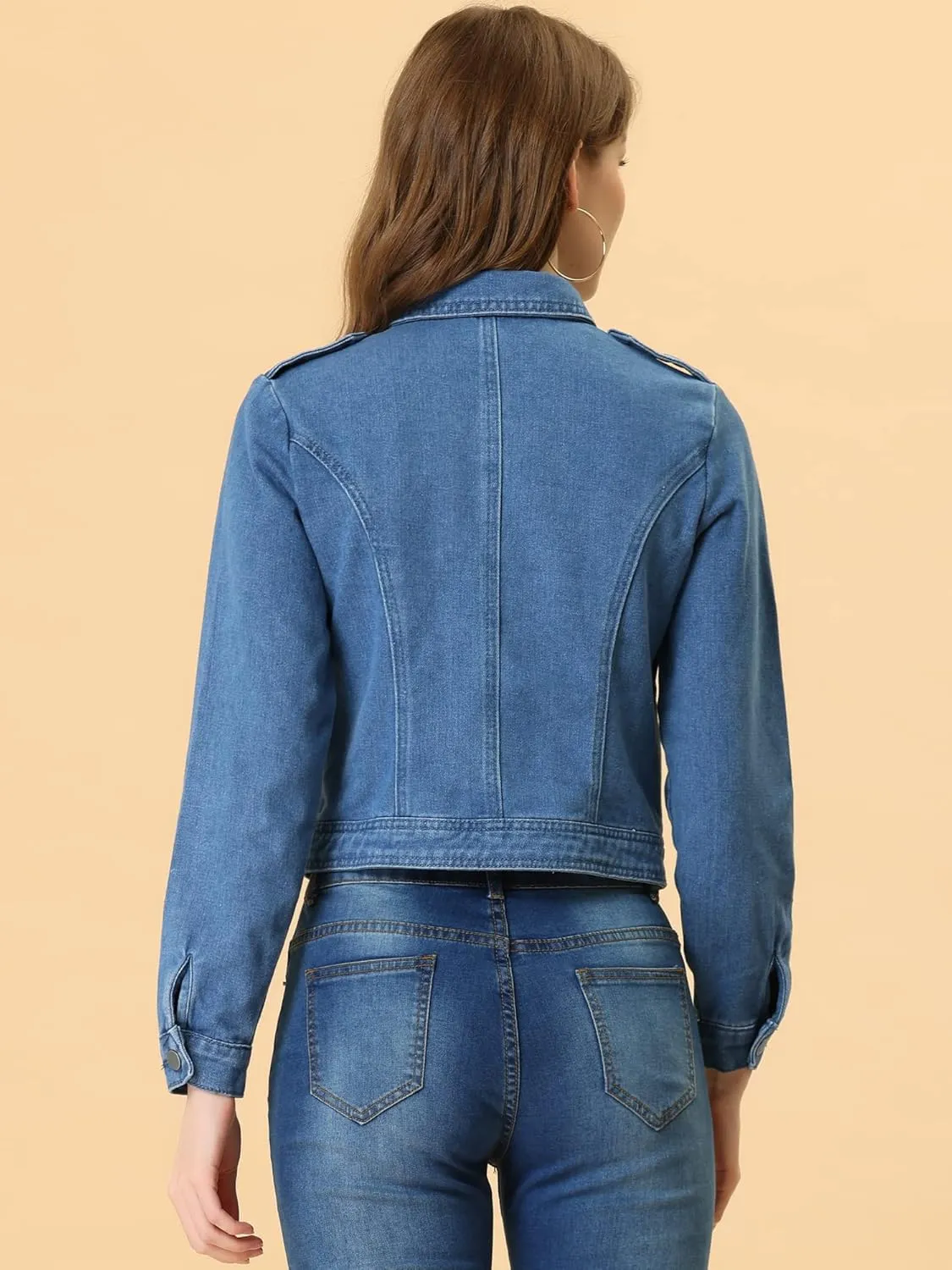 Allegra K Women's Chic Denim Jackets Notched Collar Inclined Zip Closure Biker Motocycle Jacket Outerwear