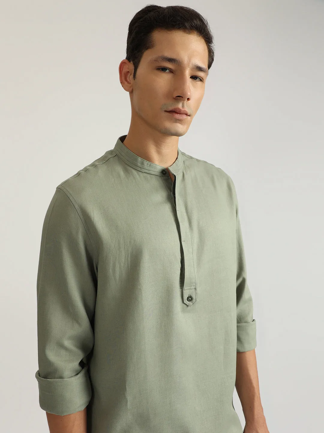Antony Morato Men Green Solid Band Collar Full Sleeves Shirt