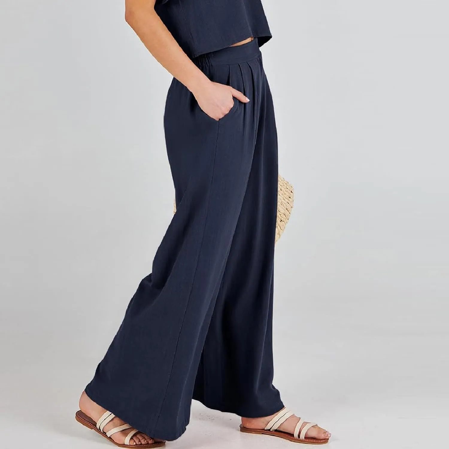 Baggy Wide Leg Yoga Pants for Women Flowy Oversized Palazzo Pants Casual Beach Pull On Trousers with Pockets