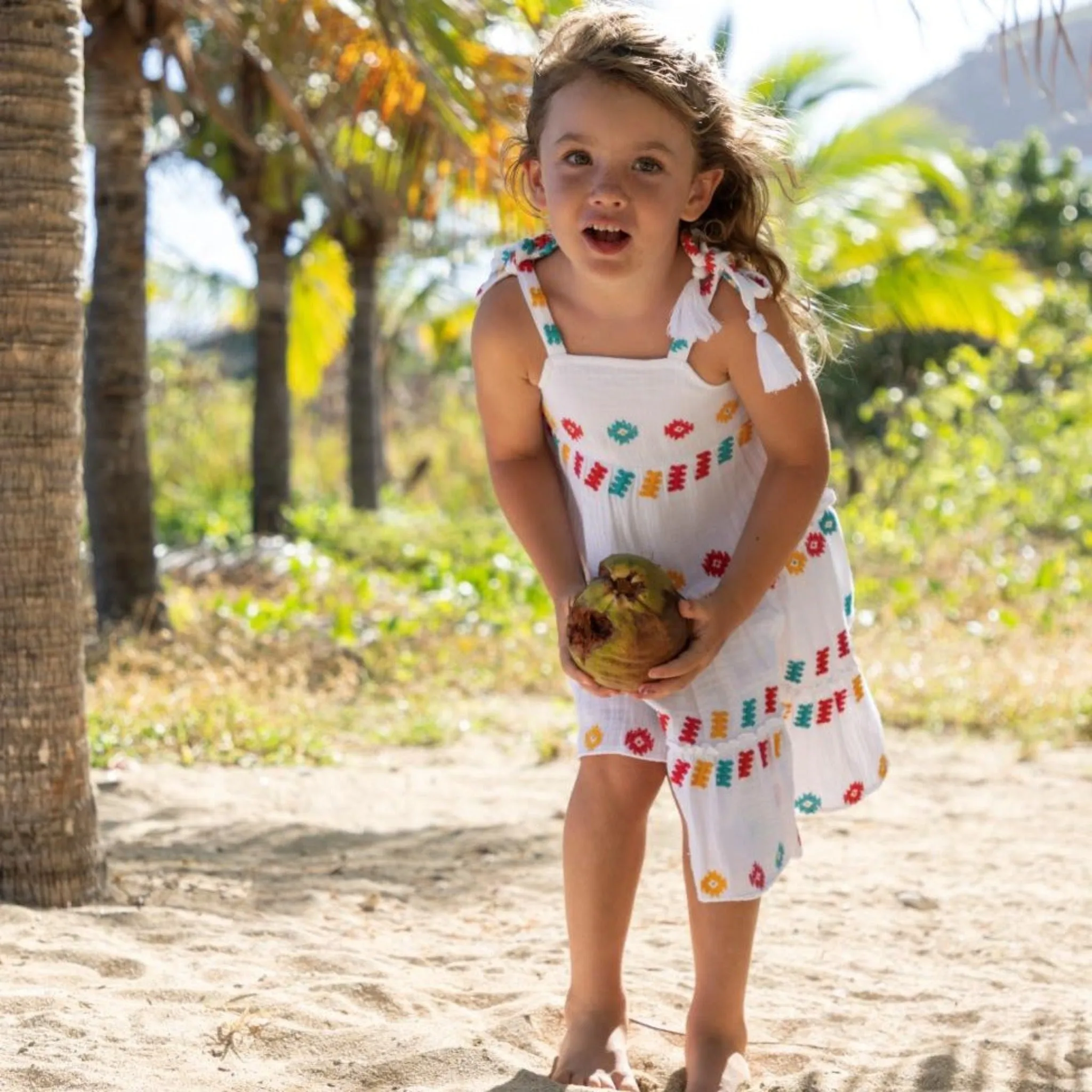 Bella Girl's Shoulder Tie Sundress White Embroidery