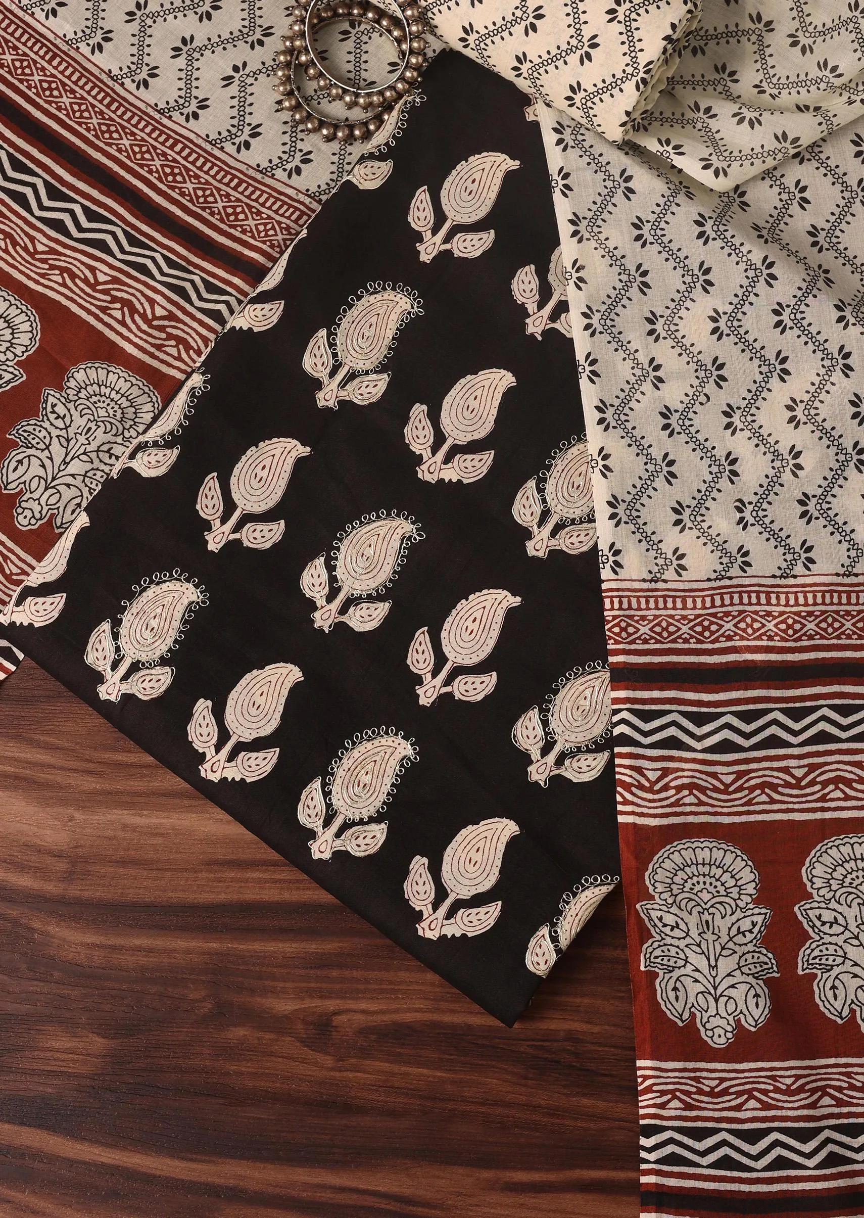 Black Cotton Block Print Unstitched Dress Material