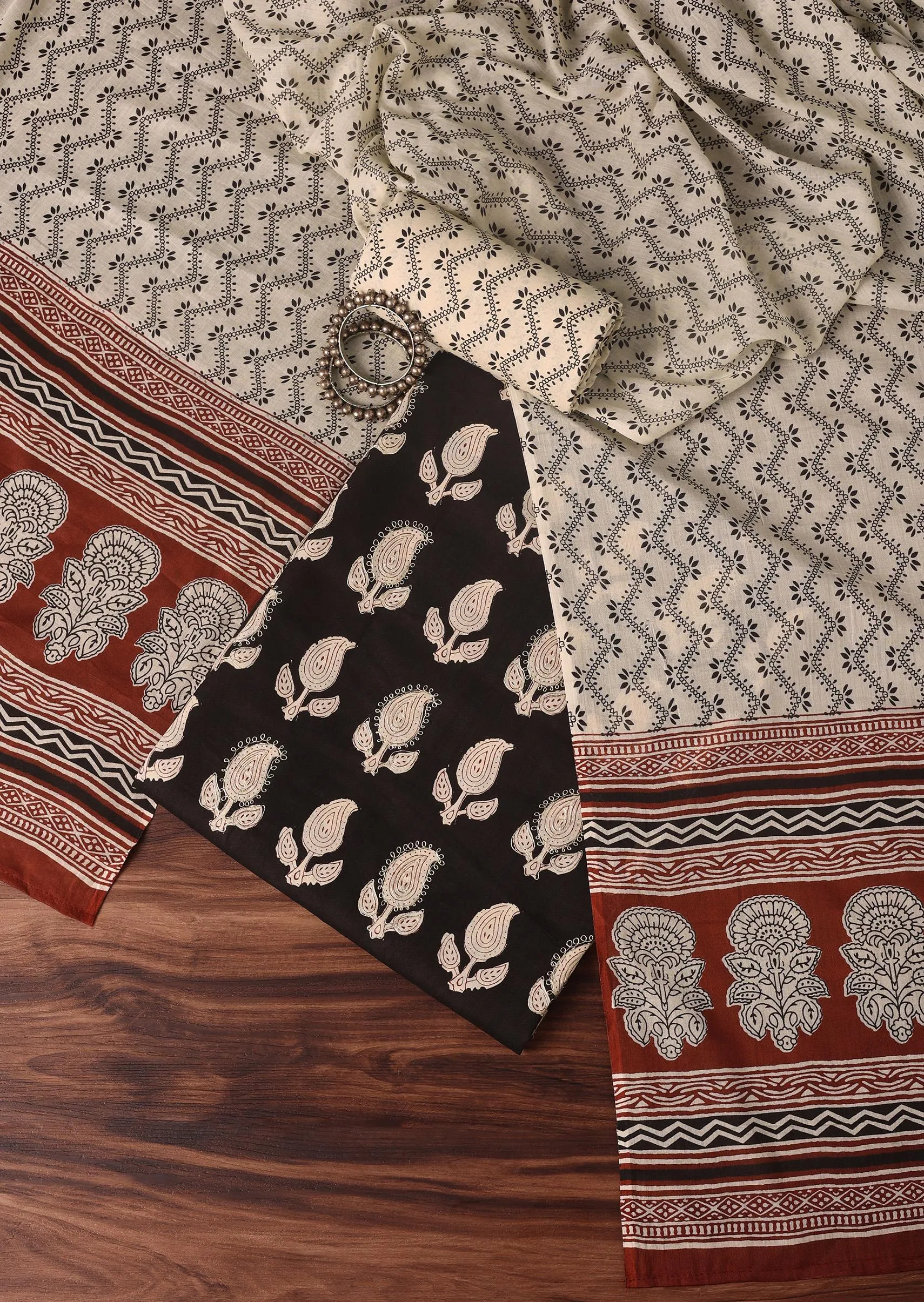 Black Cotton Block Print Unstitched Dress Material