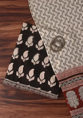 Black Cotton Block Print Unstitched Dress Material