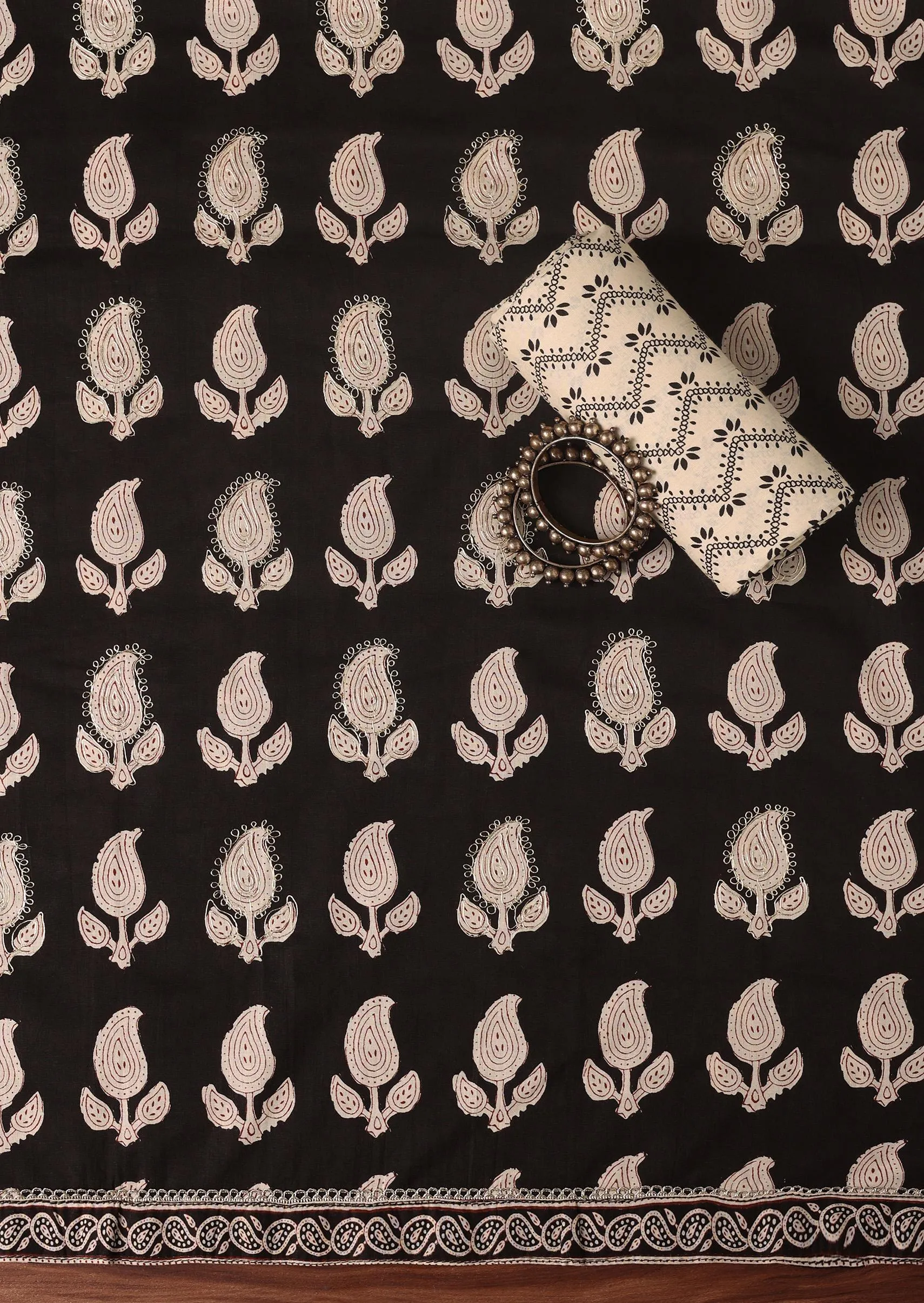 Black Cotton Block Print Unstitched Dress Material