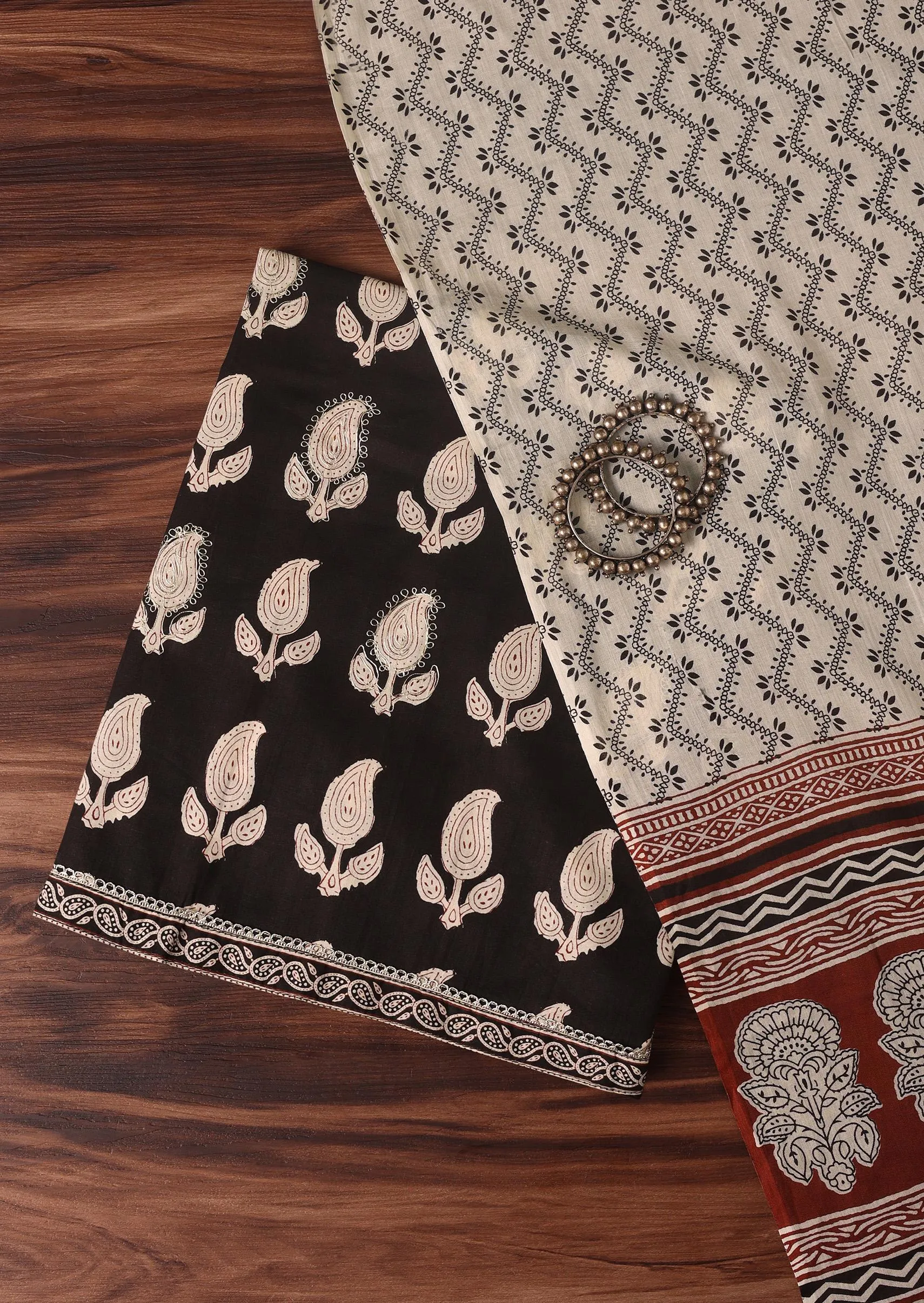 Black Cotton Block Print Unstitched Dress Material
