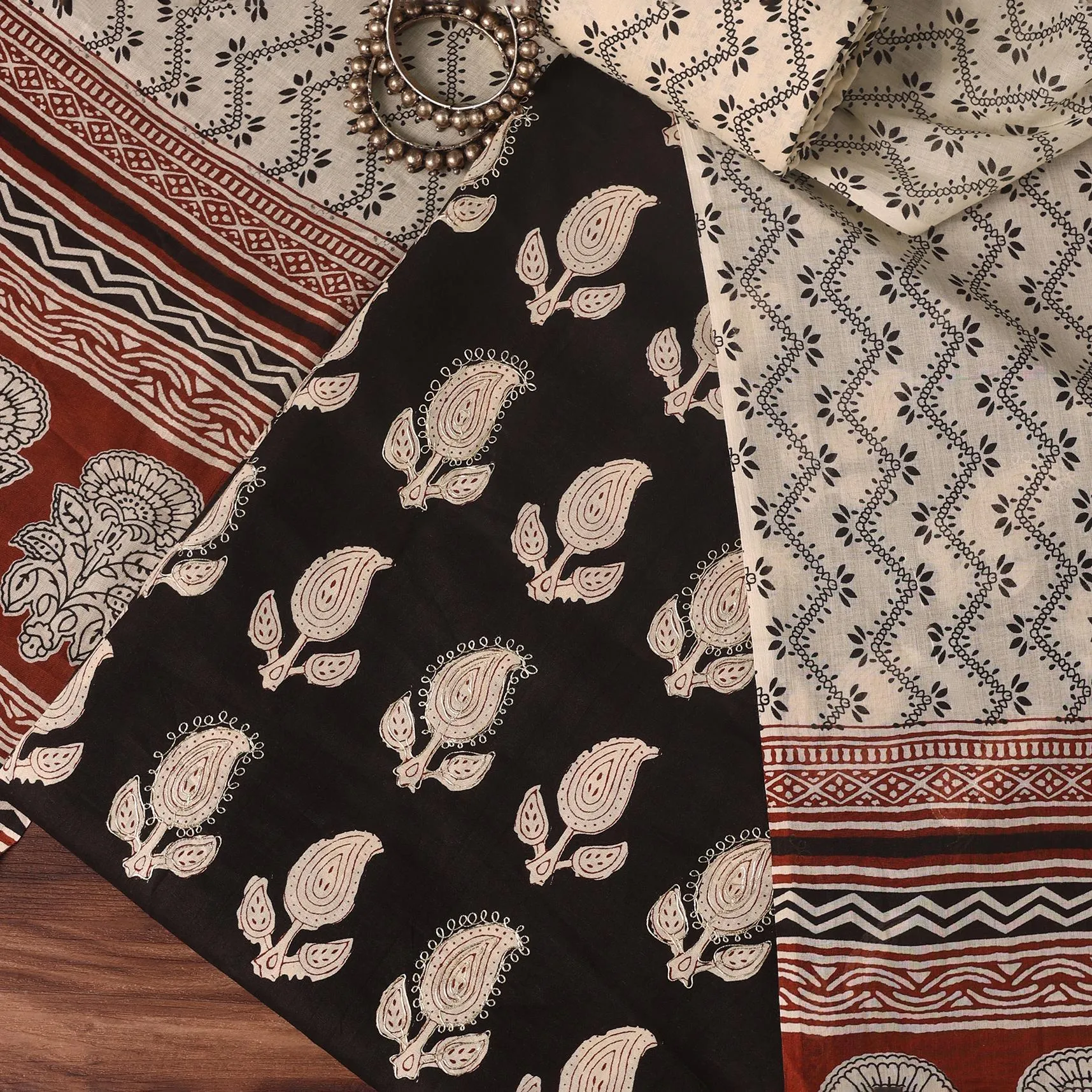 Black Cotton Block Print Unstitched Dress Material