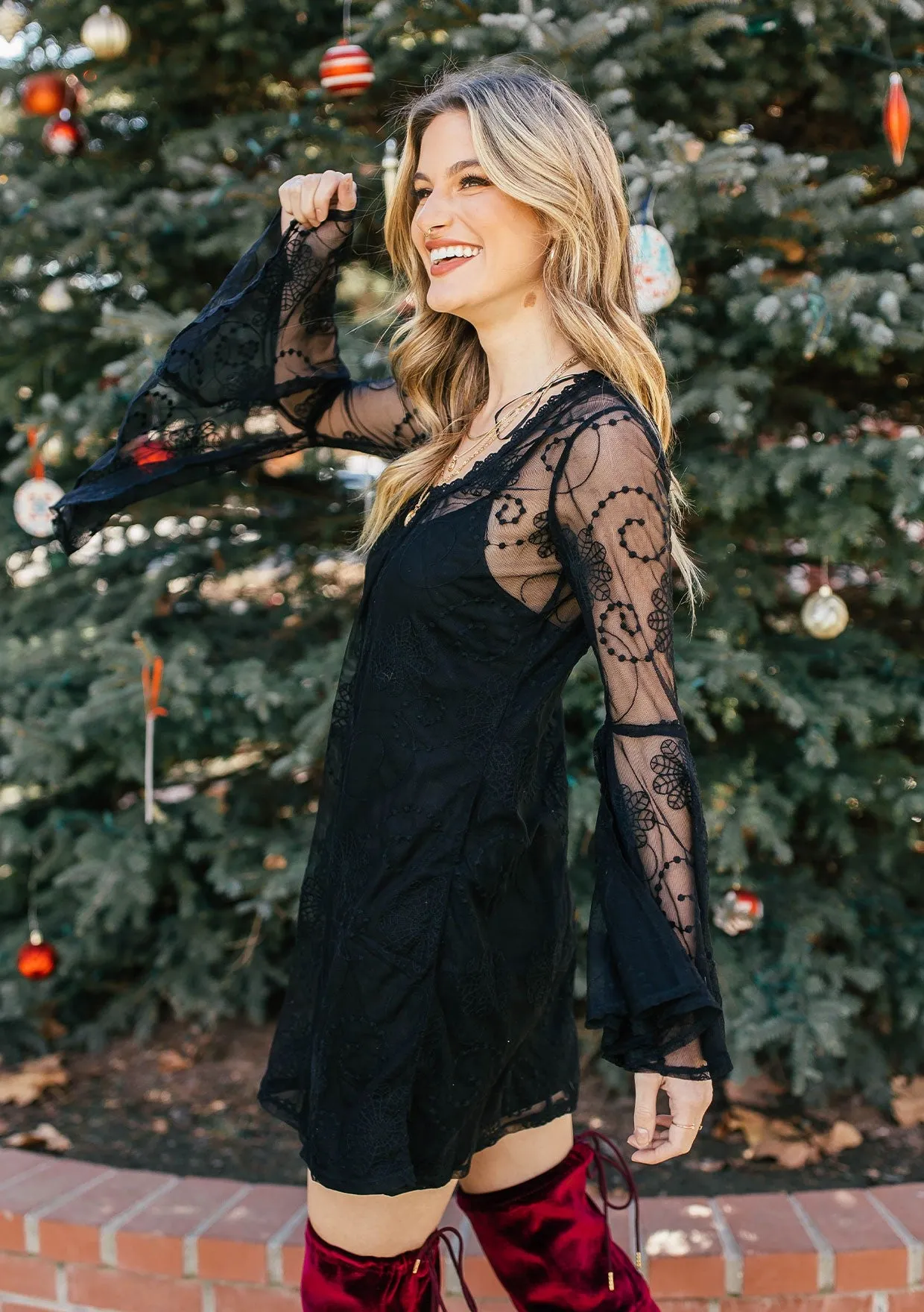 Bohemian Embroidered Mesh Bell Sleeve Mini Dress
