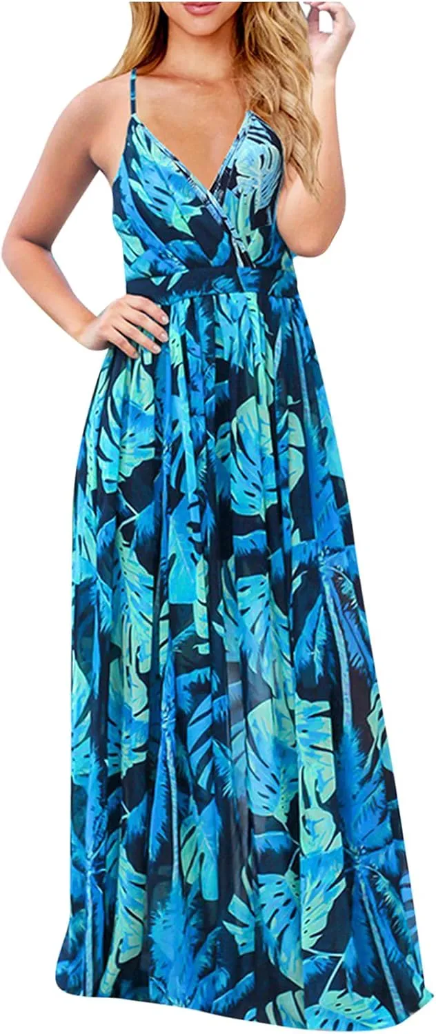 Boho Dresses for Women 2024 Floral Print V Neck Maxi Dress Spaghetti Strap Empire Waist Beach Dress Summer Dresses
