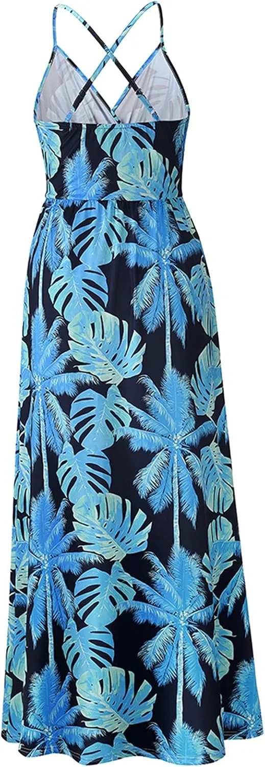 Boho Dresses for Women 2024 Floral Print V Neck Maxi Dress Spaghetti Strap Empire Waist Beach Dress Summer Dresses
