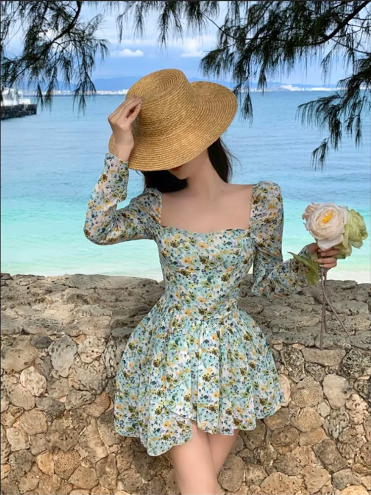 Bonnyshow  Floral Dress Holiday Sweet Chiffon Sexy Long Sleeve Dress Square Collar Women's Summer Sundress Robe Boheme Femme Clothes