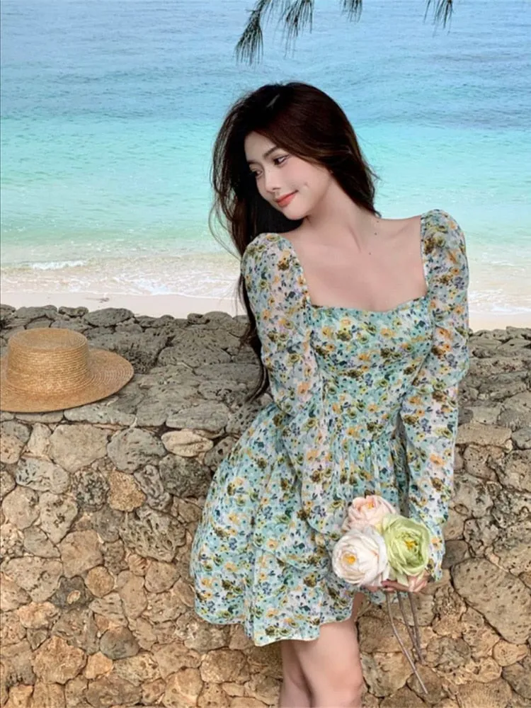 Bonnyshow  Floral Dress Holiday Sweet Chiffon Sexy Long Sleeve Dress Square Collar Women's Summer Sundress Robe Boheme Femme Clothes