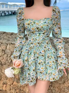 Bonnyshow  Floral Dress Holiday Sweet Chiffon Sexy Long Sleeve Dress Square Collar Women's Summer Sundress Robe Boheme Femme Clothes