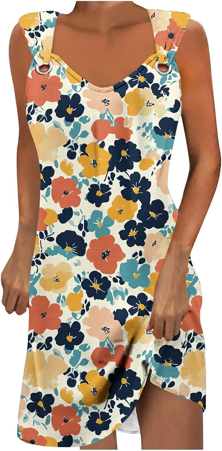 Business Causal Dresses for Women Sleeveless Floral Boho Sundresses Flowy Beach Cover Ups Trendy Tank Mini Dress