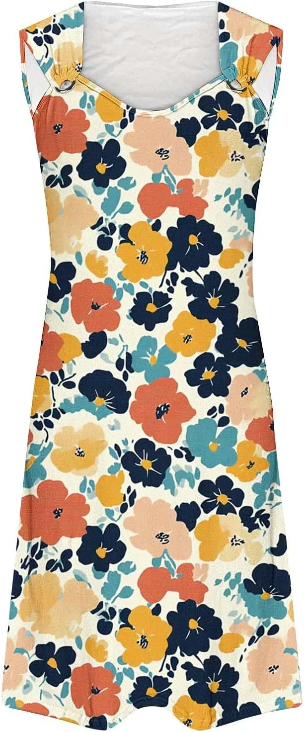 Business Causal Dresses for Women Sleeveless Floral Boho Sundresses Flowy Beach Cover Ups Trendy Tank Mini Dress