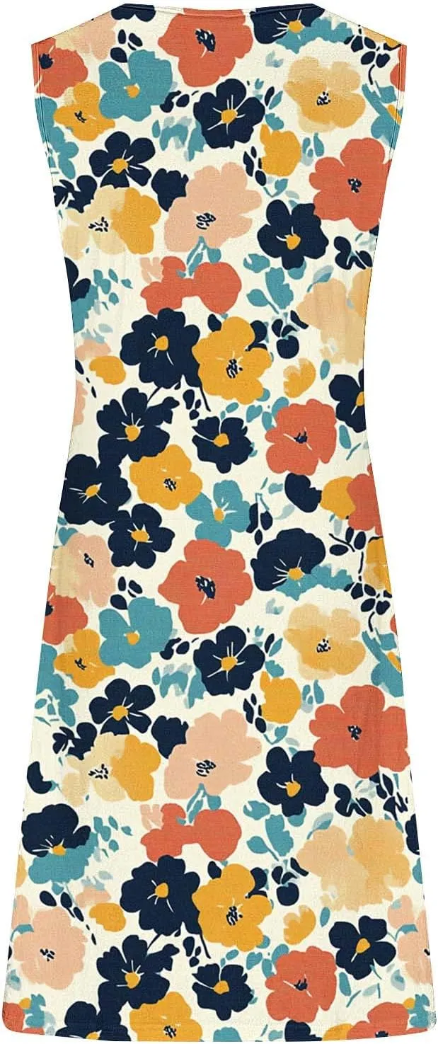 Business Causal Dresses for Women Sleeveless Floral Boho Sundresses Flowy Beach Cover Ups Trendy Tank Mini Dress