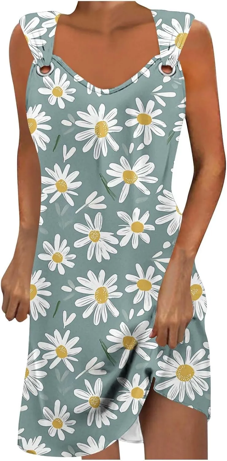 Business Causal Dresses for Women Sleeveless Floral Boho Sundresses Flowy Beach Cover Ups Trendy Tank Mini Dress