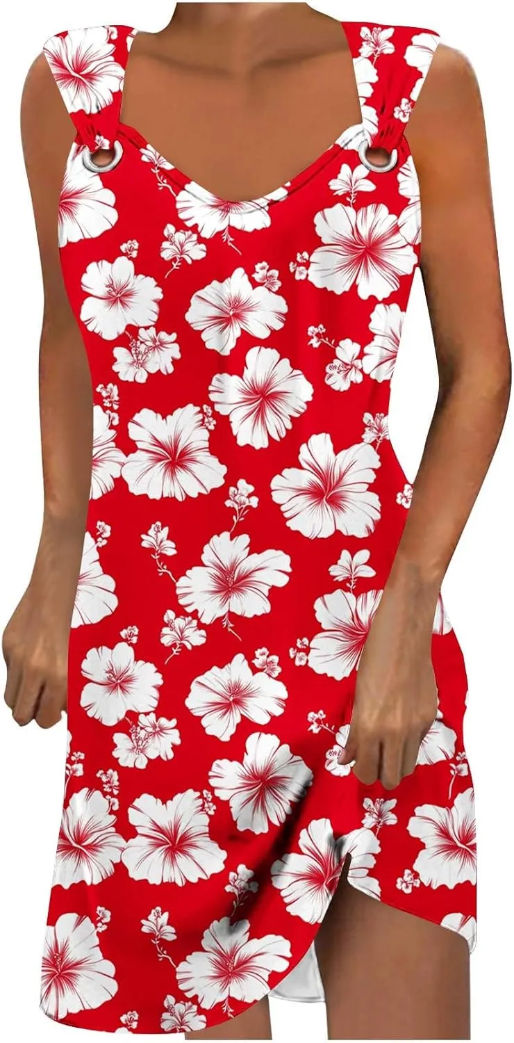 Business Causal Dresses for Women Sleeveless Floral Boho Sundresses Flowy Beach Cover Ups Trendy Tank Mini Dress