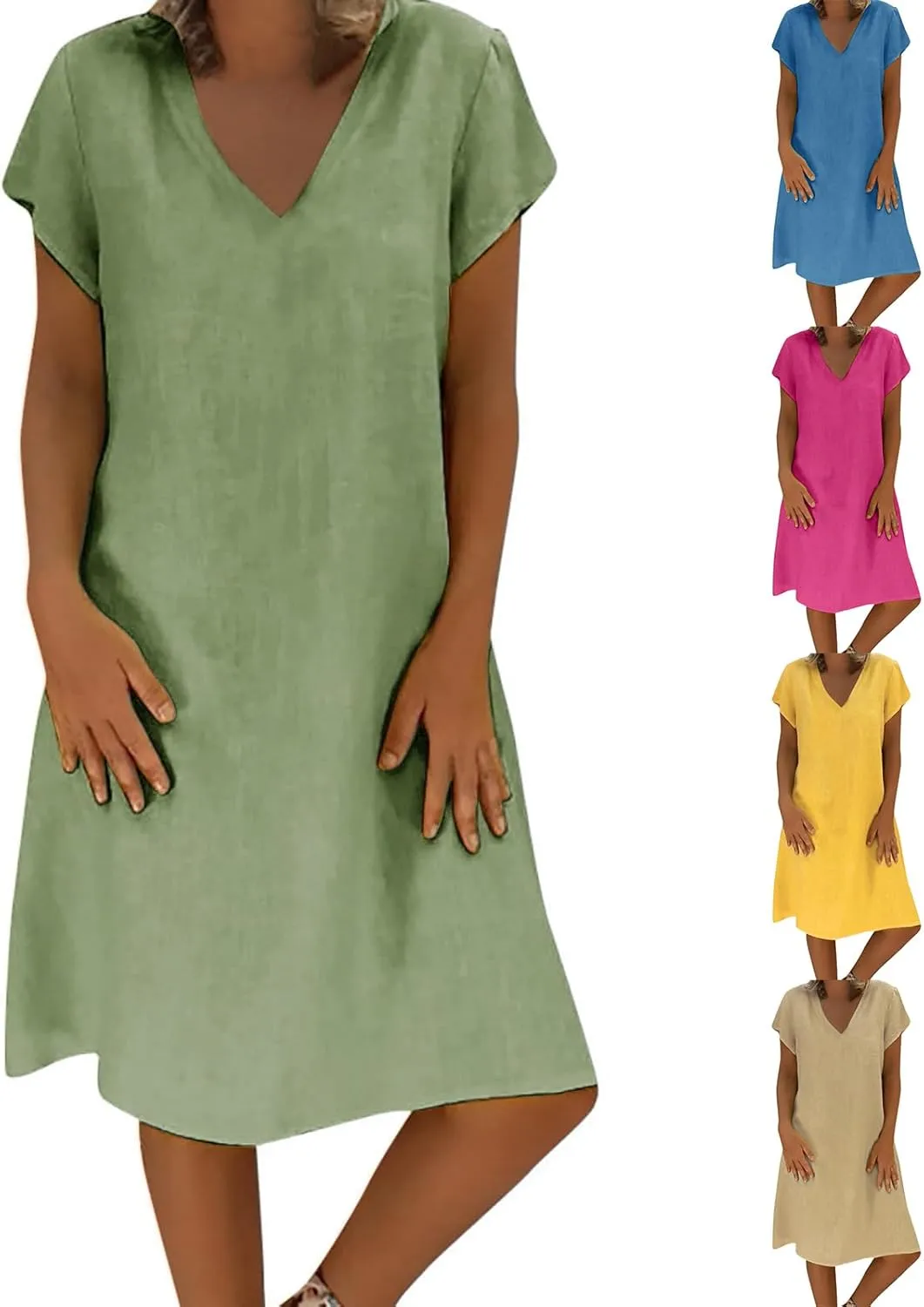 Casual Dresses for Women Plus Size Cotton Linen Midi Dress Loose Solid V Neck Short Sleeve Tshirt Dress Summer Dress