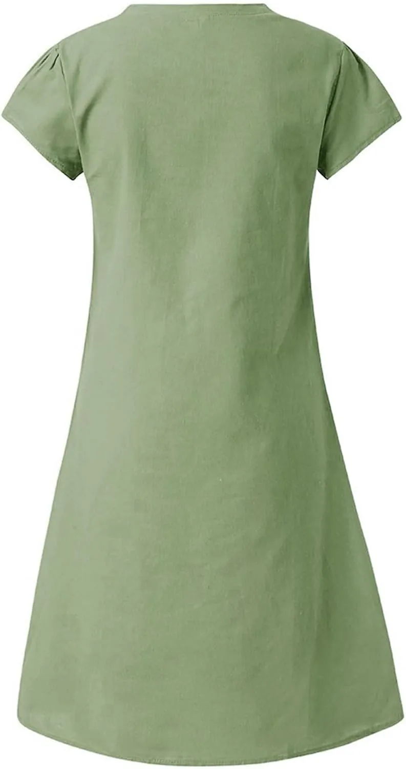 Casual Dresses for Women Plus Size Cotton Linen Midi Dress Loose Solid V Neck Short Sleeve Tshirt Dress Summer Dress