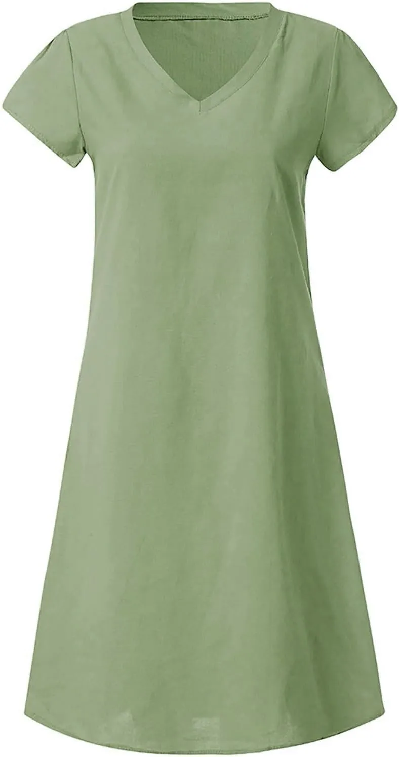 Casual Dresses for Women Plus Size Cotton Linen Midi Dress Loose Solid V Neck Short Sleeve Tshirt Dress Summer Dress