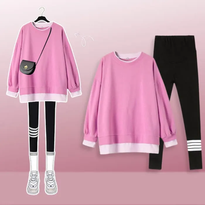 Casual Round Collar Sweatshirt Casual Leggings Set