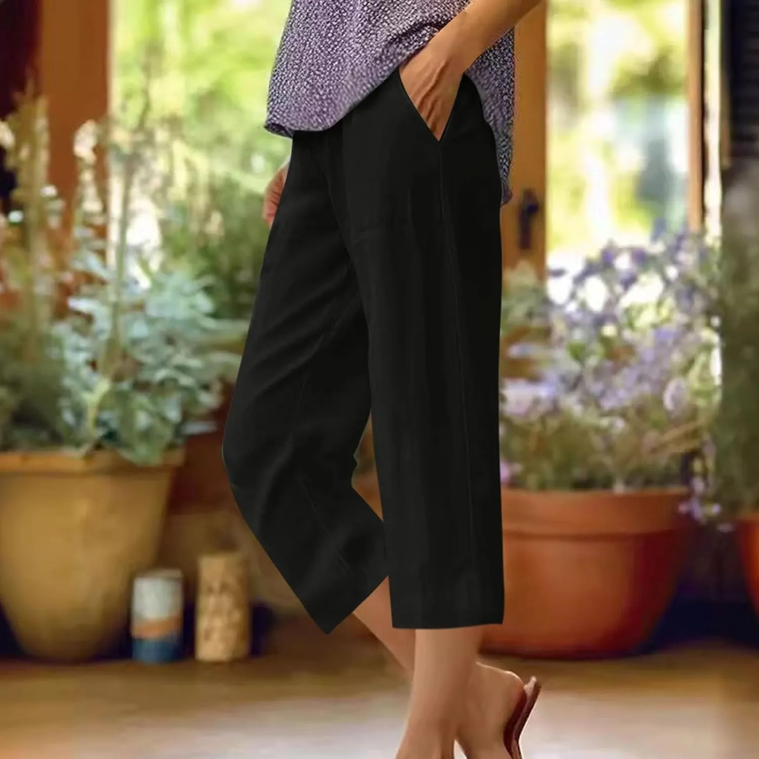 Cotton Linen Capri Pants for Women 2024 Summer Casual Elastic Waisted Straight Leg Drawstring Trousers with Pocket