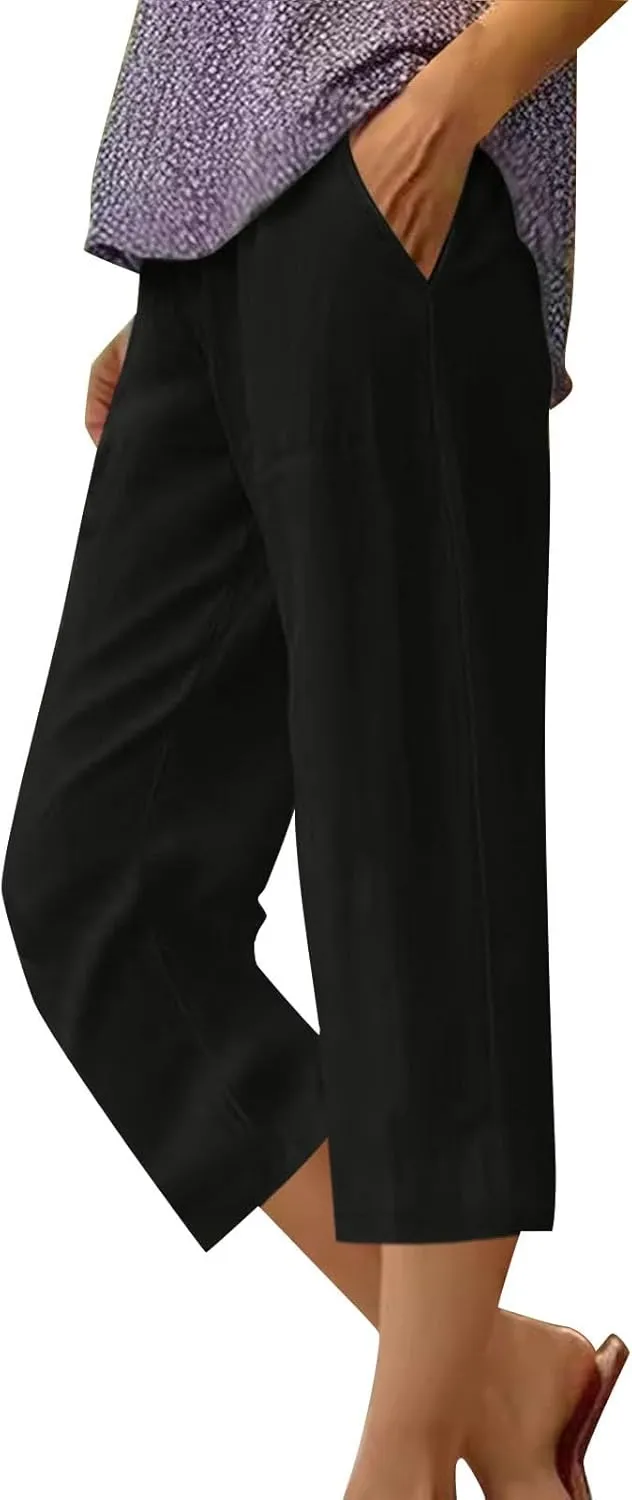 Cotton Linen Capri Pants for Women 2024 Summer Casual Elastic Waisted Straight Leg Drawstring Trousers with Pocket