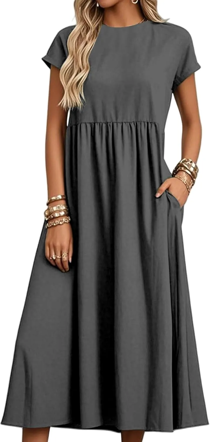 Cotton Linen Dresses for Women Baggy Crew Neck Short Sleeve Tunic Beach Midi Dresses A-Line Flowy Sundress