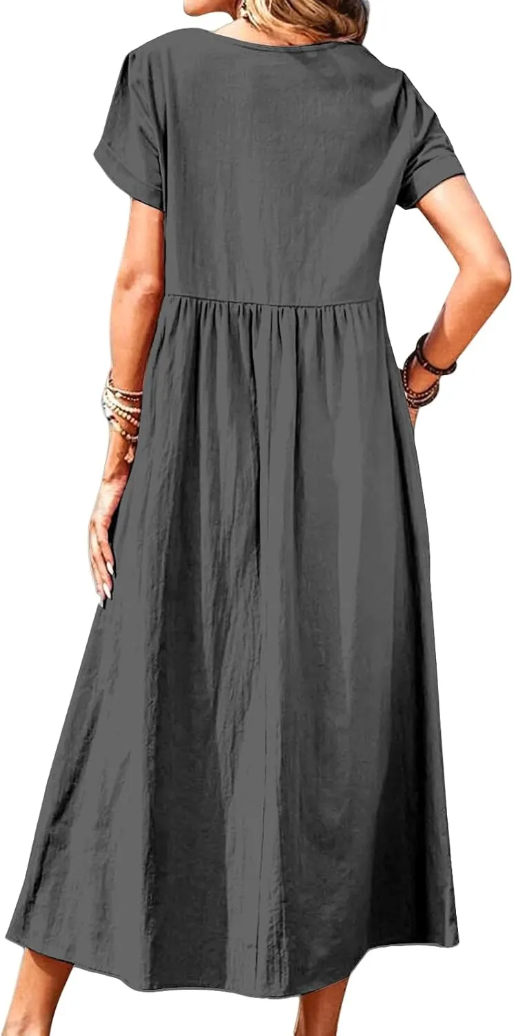 Cotton Linen Dresses for Women Baggy Crew Neck Short Sleeve Tunic Beach Midi Dresses A-Line Flowy Sundress