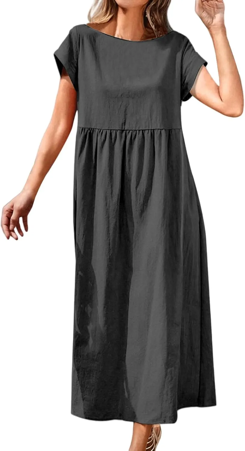 Cotton Linen Dresses for Women Baggy Crew Neck Short Sleeve Tunic Beach Midi Dresses A-Line Flowy Sundress