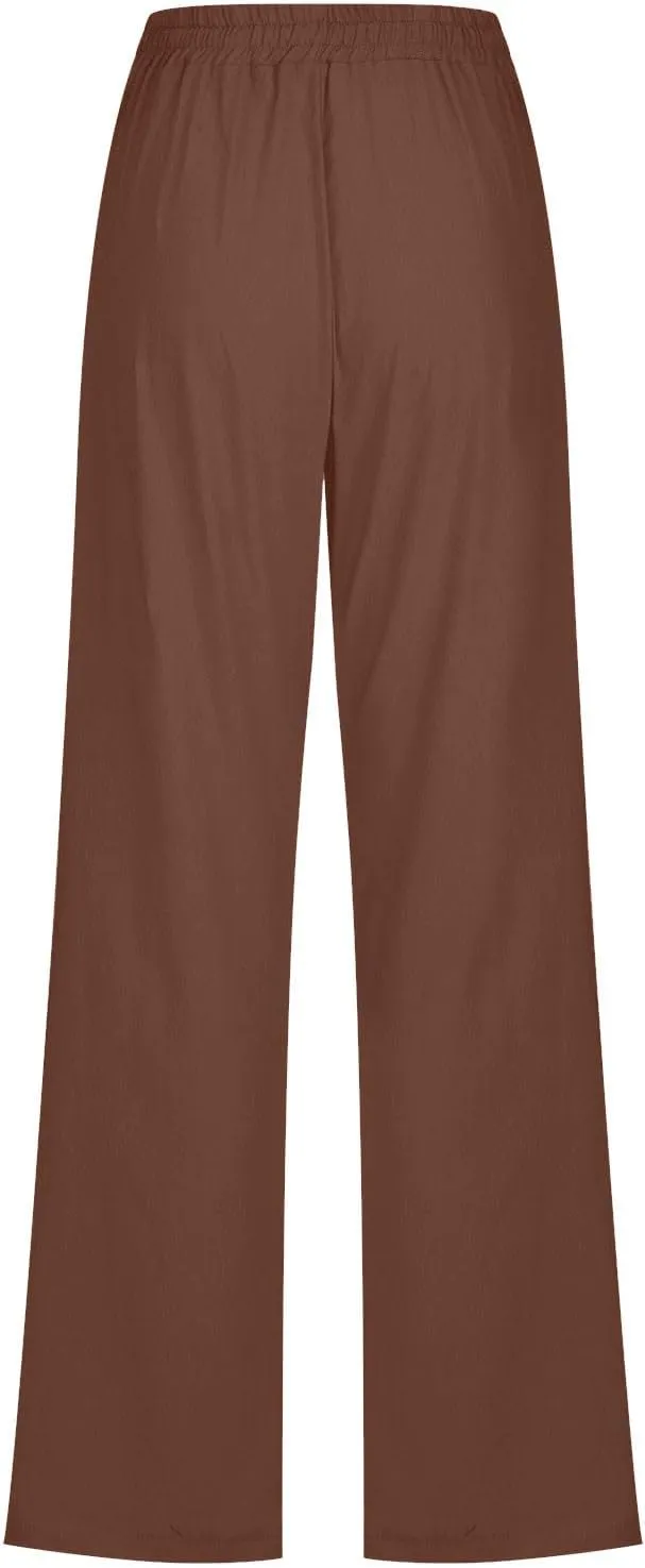 Cotton Linen Pants for Women Drawstring Straight Leg Trousers Lightweight High Waist Casual Pant Beach Travel Clothes