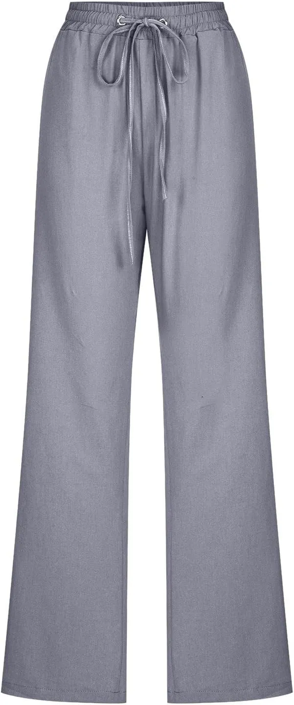 Cotton Linen Pants for Women Drawstring Straight Leg Trousers Lightweight High Waist Casual Pant Beach Travel Clothes
