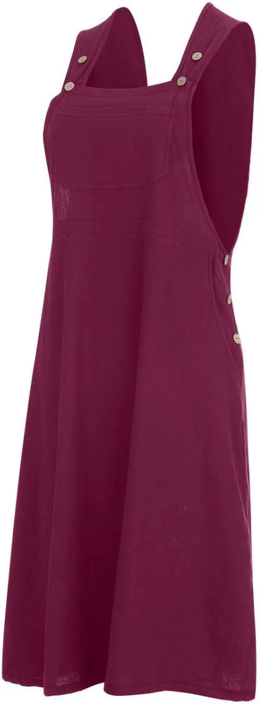 Dresses for Women Solid Color Button Bib Jumper Dress V Neck Knee High Midi Dress Outdoor Leisure Workwear