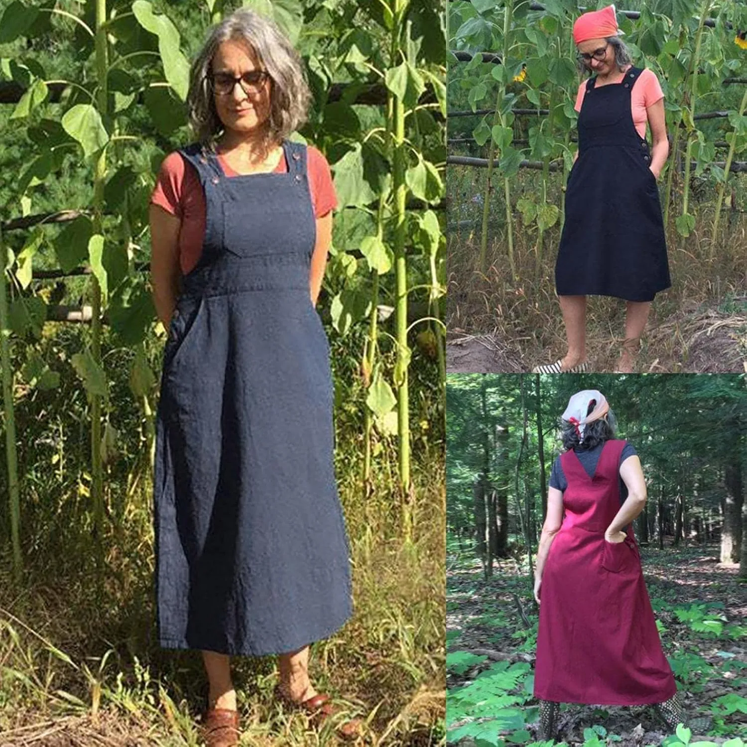 Dresses for Women Solid Color Button Bib Jumper Dress V Neck Knee High Midi Dress Outdoor Leisure Workwear