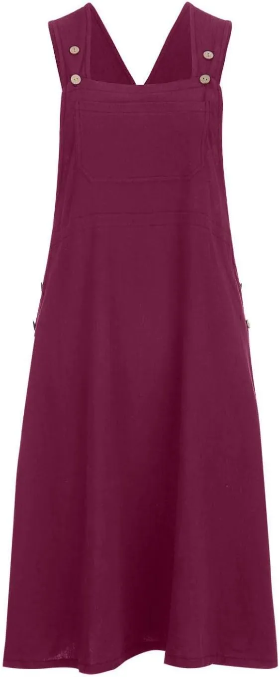 Dresses for Women Solid Color Button Bib Jumper Dress V Neck Knee High Midi Dress Outdoor Leisure Workwear