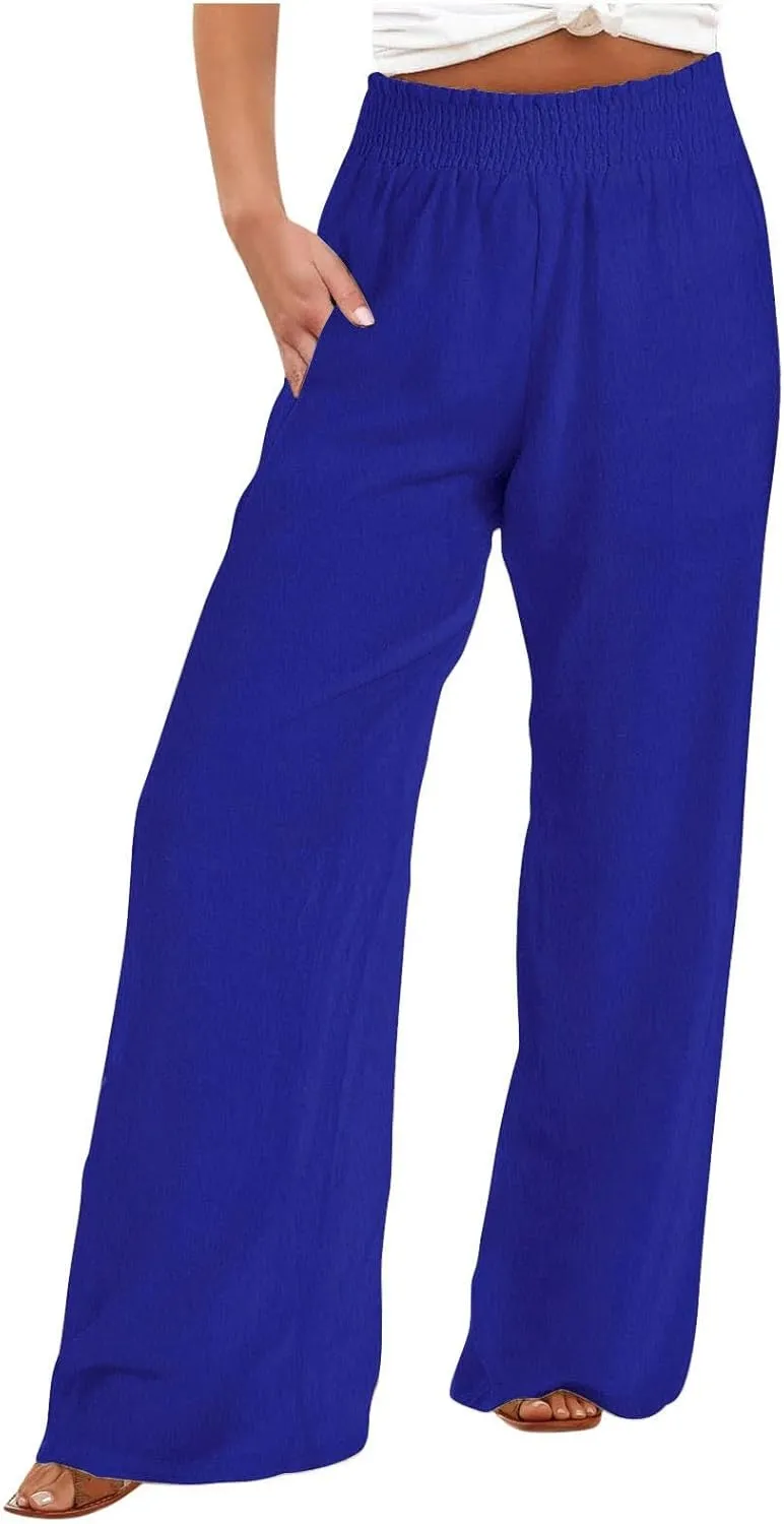 Elastic Waist Linen Pants for Women High Rise Yoga Pants Summer Casual Flowy Pants Loose Fit Lounge Pants with Pocket