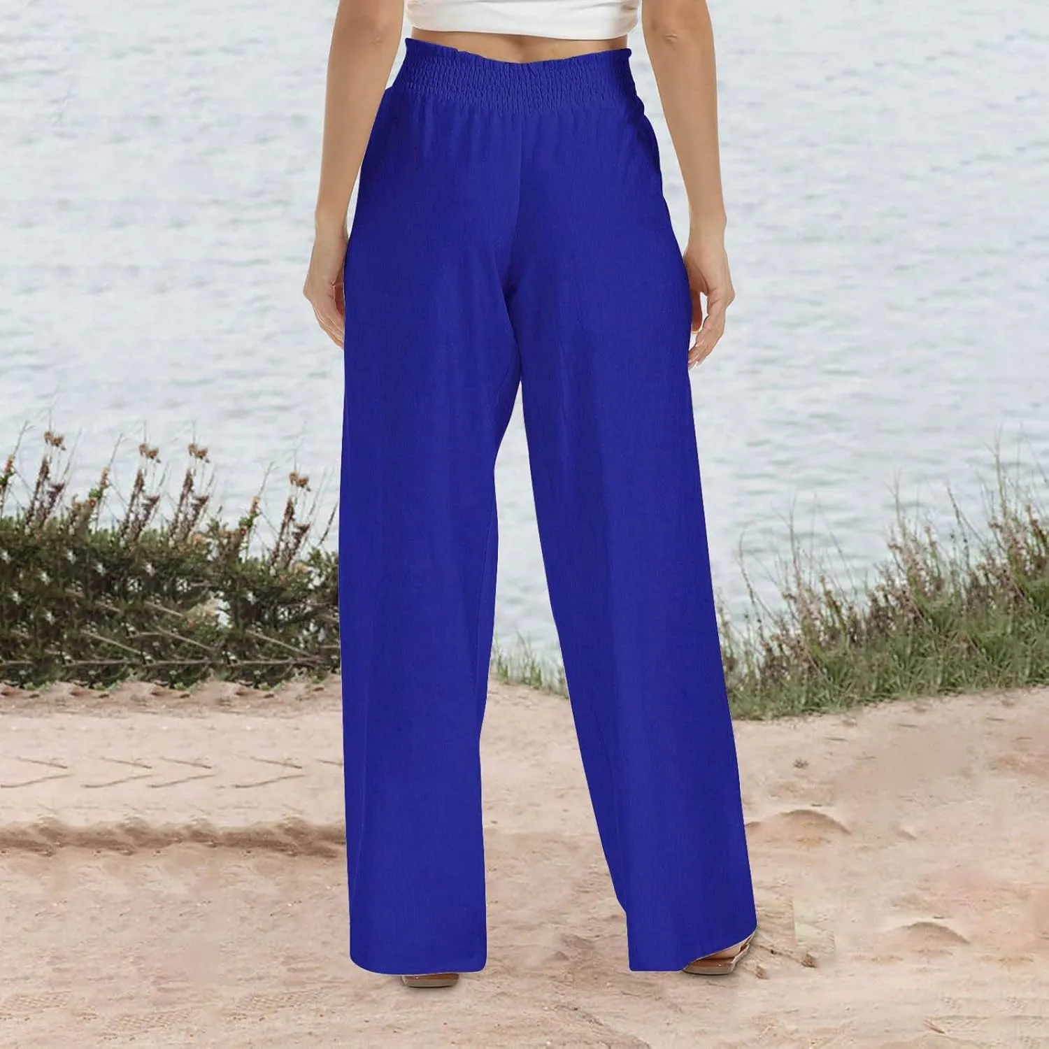 Elastic Waist Linen Pants for Women High Rise Yoga Pants Summer Casual Flowy Pants Loose Fit Lounge Pants with Pocket