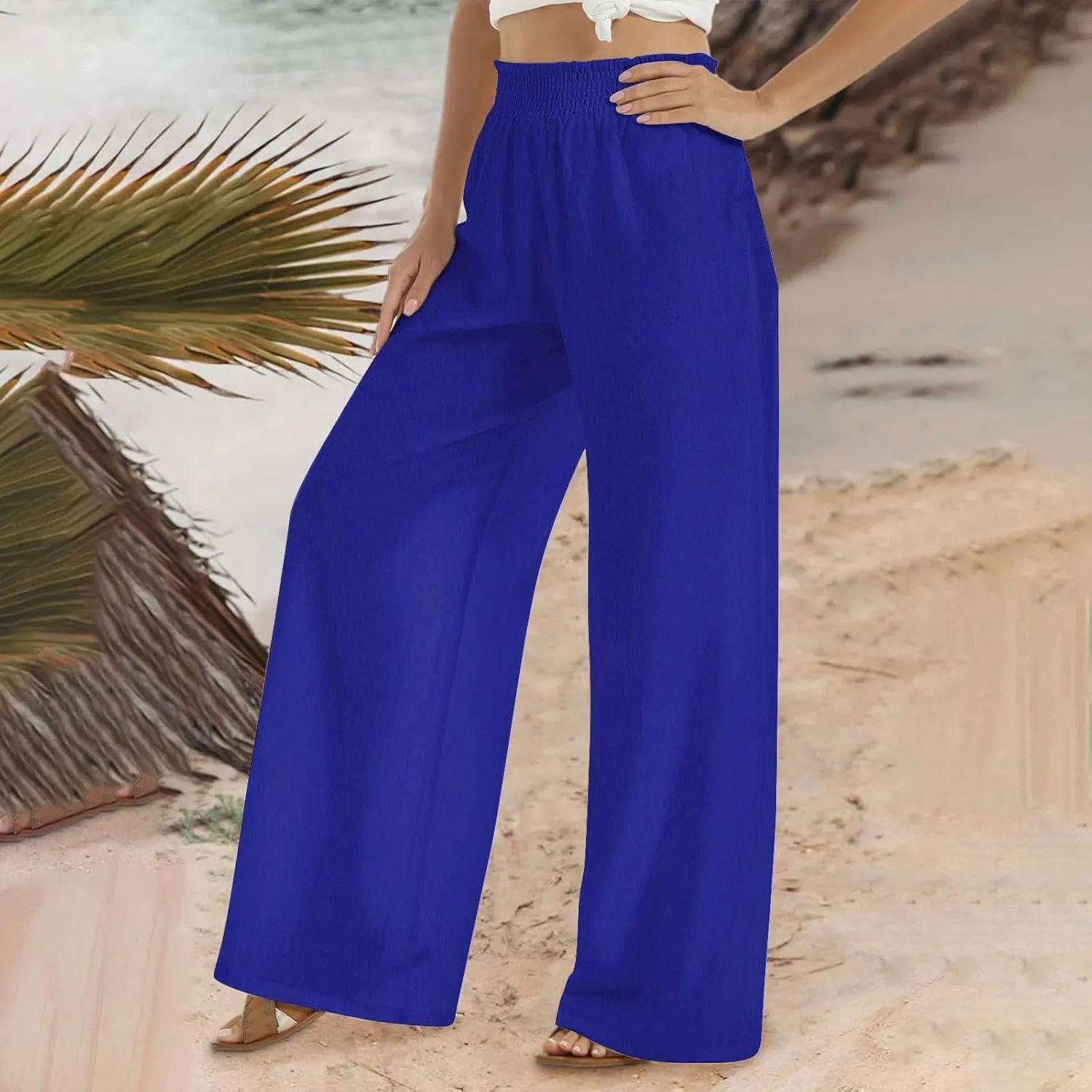 Elastic Waist Linen Pants for Women High Rise Yoga Pants Summer Casual Flowy Pants Loose Fit Lounge Pants with Pocket