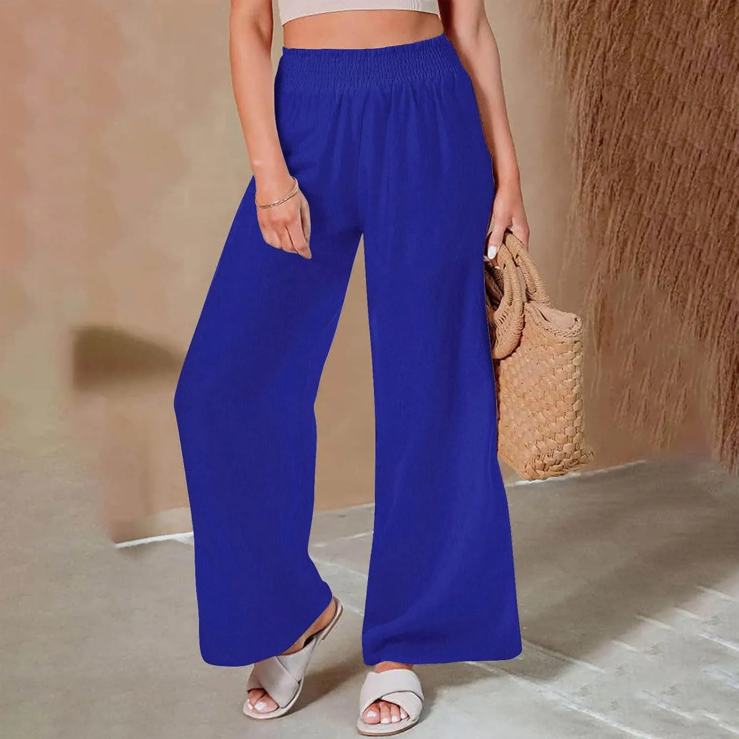 Elastic Waist Linen Pants for Women High Rise Yoga Pants Summer Casual Flowy Pants Loose Fit Lounge Pants with Pocket
