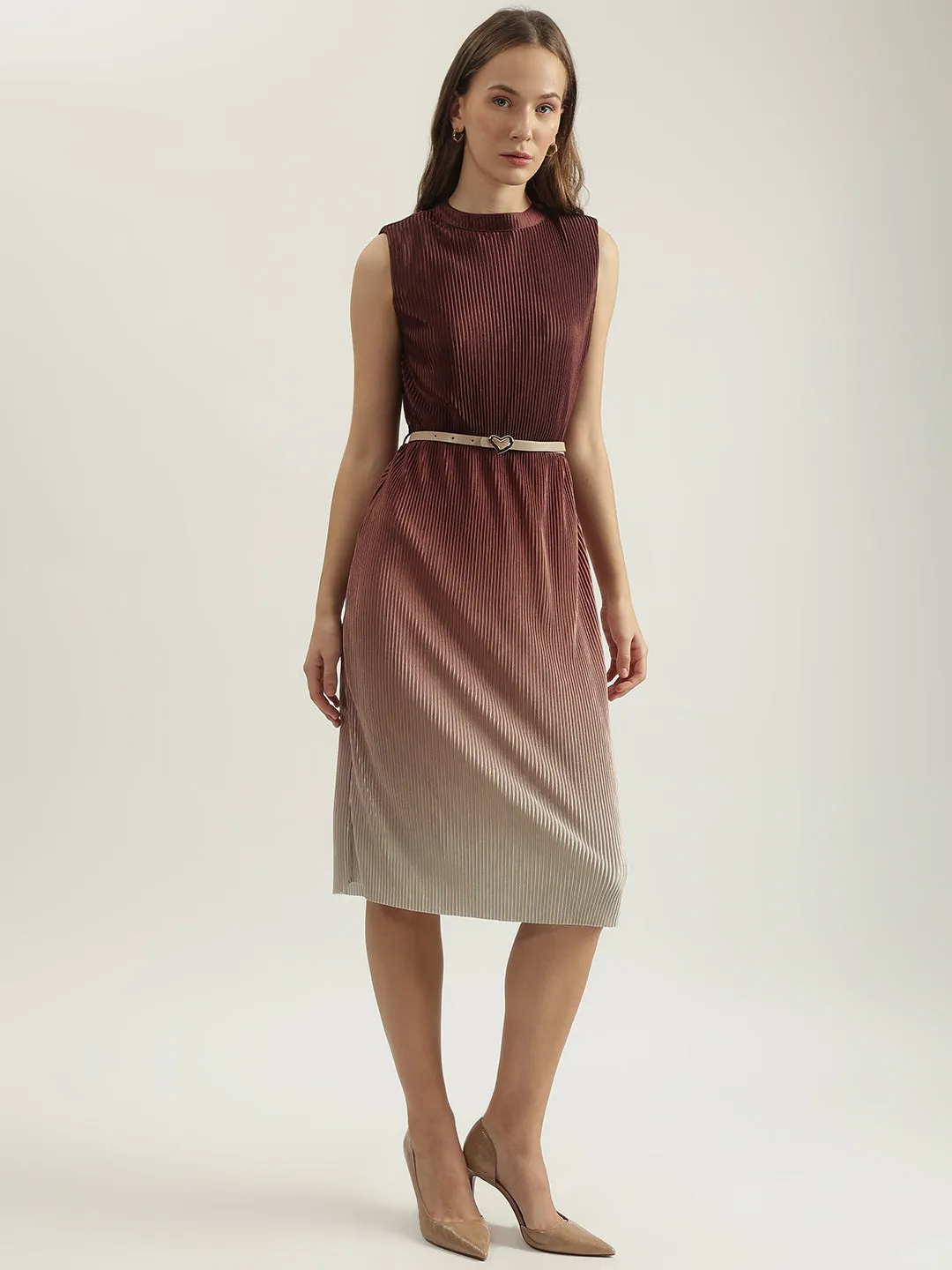 Elle Women Brown Dyed Round Neck Sleeveless Shift Dress
