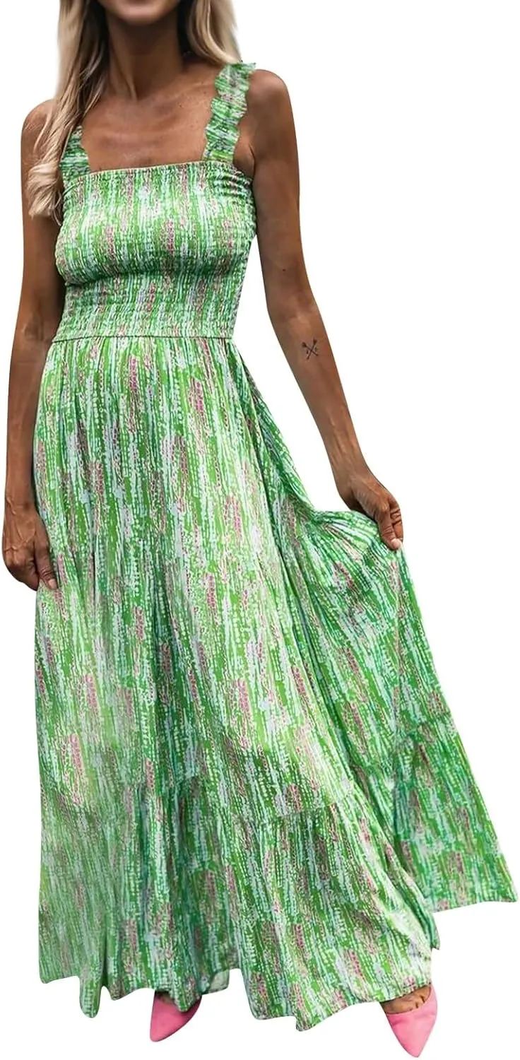 FlekmanArt Long Sundresses for Women 2025 Spaghetti Strap Graffiti Dresses Graphic A Line Swing Long Cami Dress