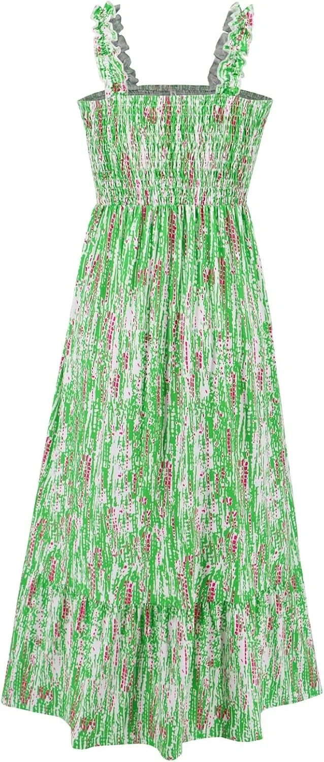 FlekmanArt Long Sundresses for Women 2025 Spaghetti Strap Graffiti Dresses Graphic A Line Swing Long Cami Dress
