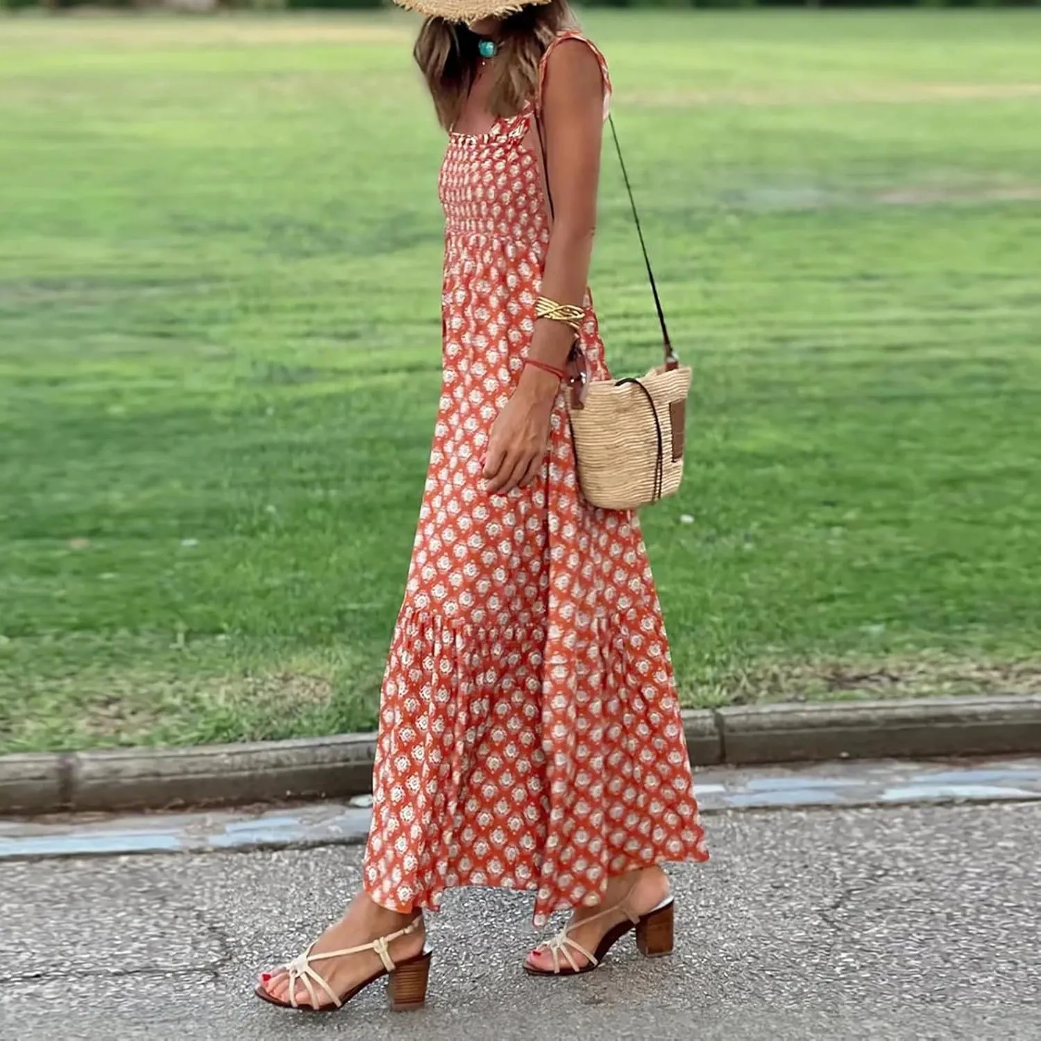 FlekmanArt Long Sundresses for Women 2025 Spaghetti Strap Graffiti Dresses Graphic A Line Swing Long Cami Dress