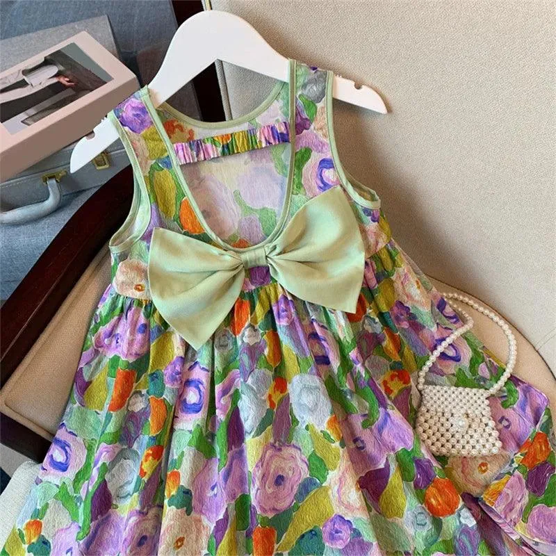 Floral Princess Sundress: Oil Painting A-LINE Style for Girls
