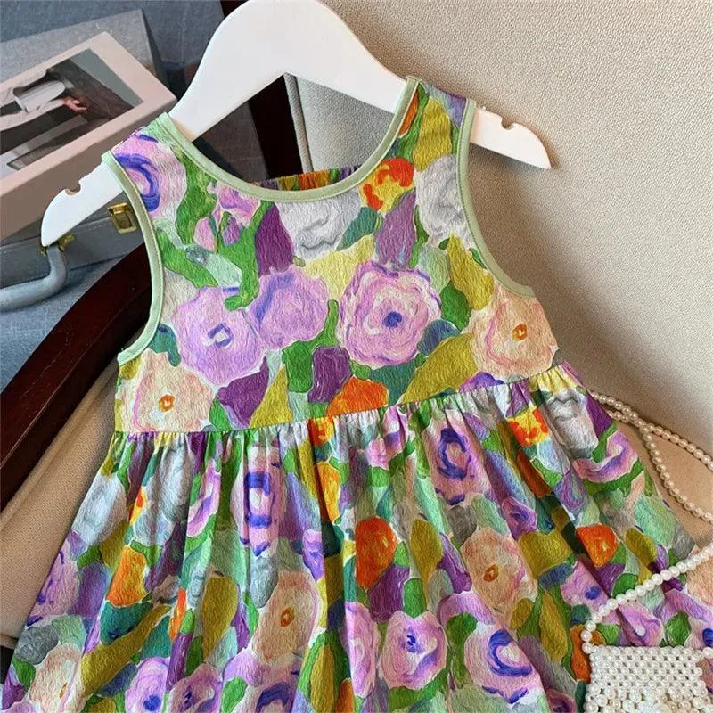 Floral Princess Sundress: Oil Painting A-LINE Style for Girls