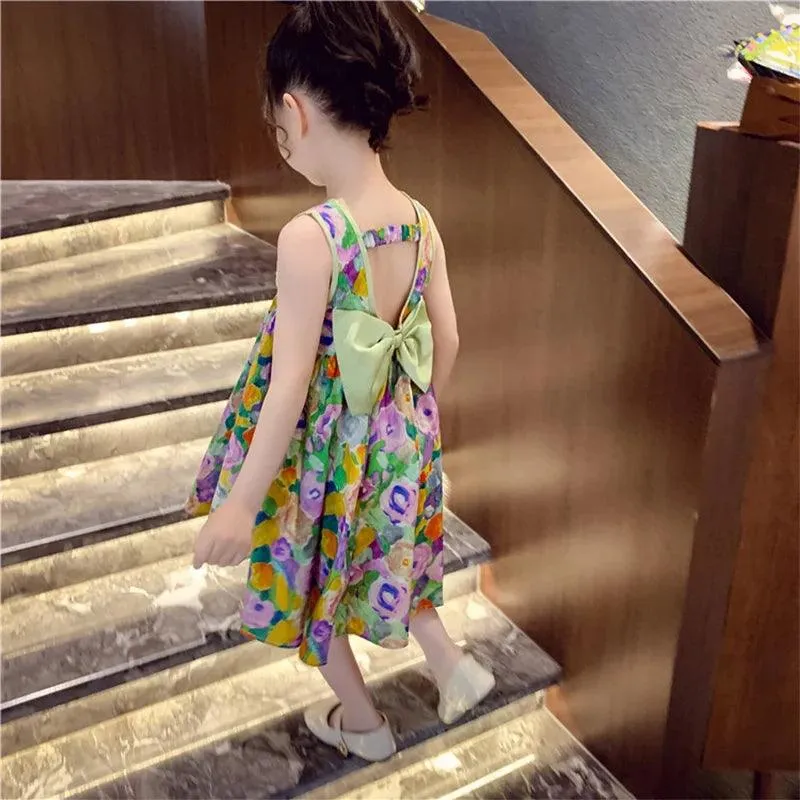 Floral Princess Sundress: Oil Painting A-LINE Style for Girls