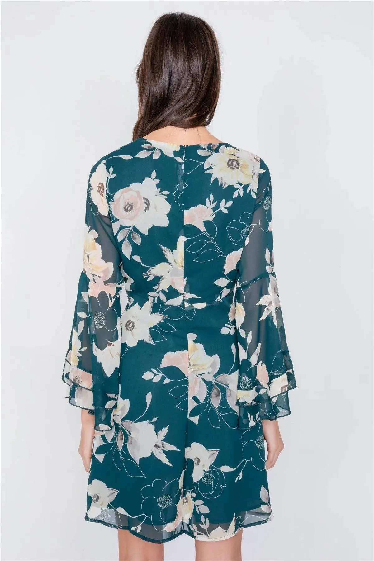 Green Floral Print Bell Sleeve Fit & Flare Mini Dress /2-2-2