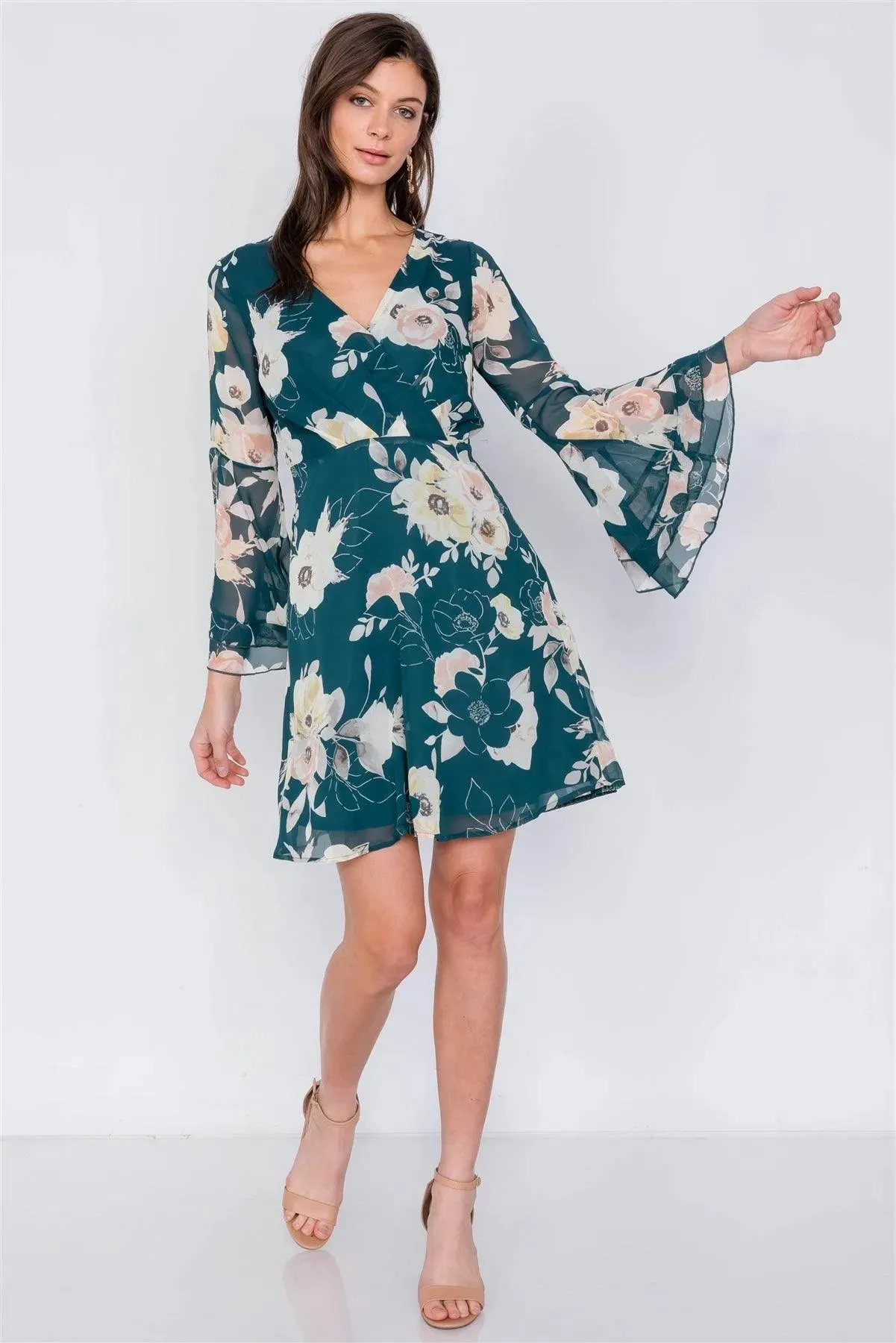 Green Floral Print Bell Sleeve Fit & Flare Mini Dress /2-2-2