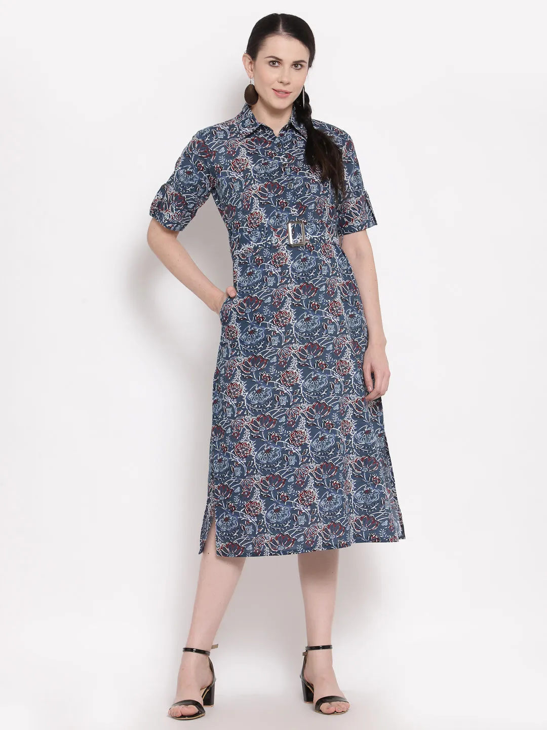 Indibelle Cotton Floral Print Shirt A-Line Dress (Blue)
