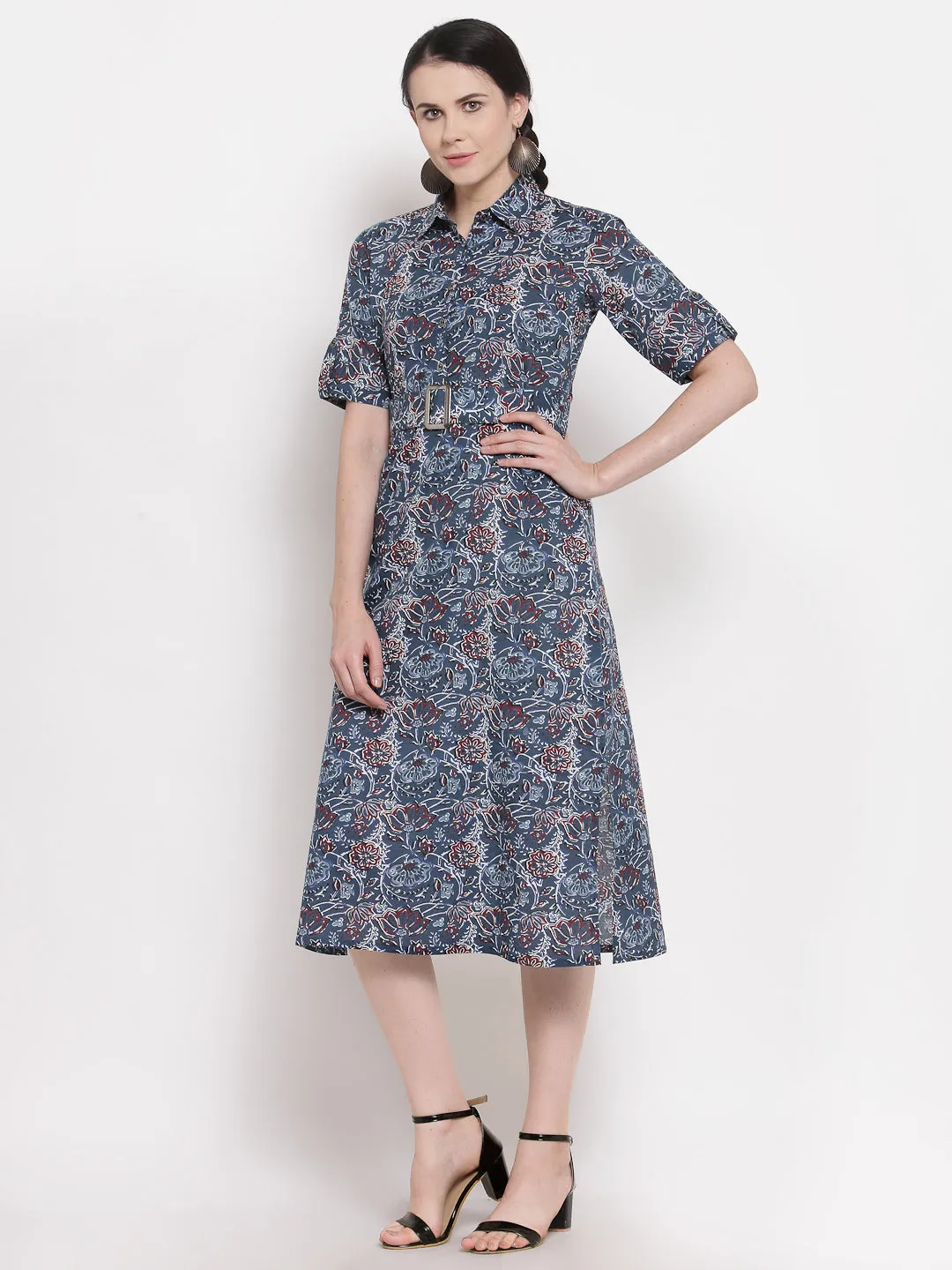 Indibelle Cotton Floral Print Shirt A-Line Dress (Blue)